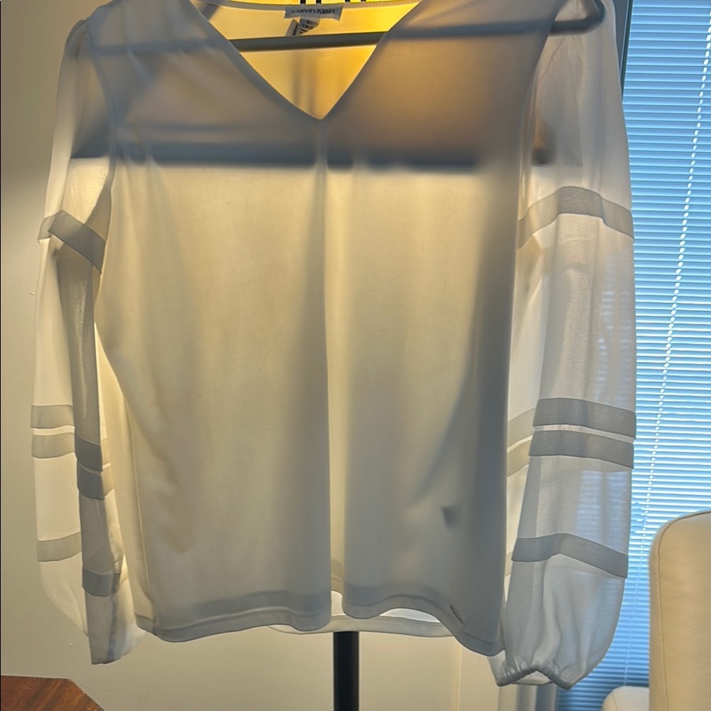 Calvin Klein White Sheer Long Sleeve Blouse